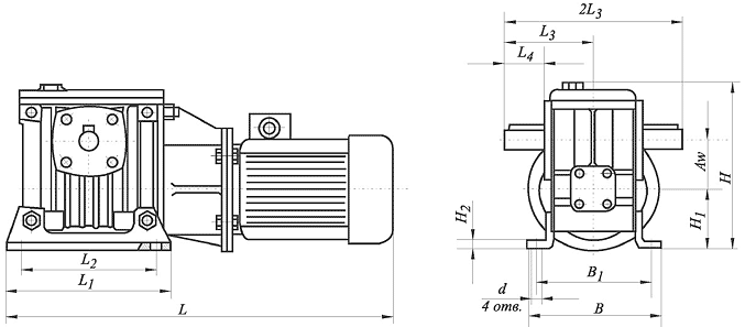 Мотор-редуктор червячный, тип МЧ. МЧ-63. Габаритные и присоединительные размеры.
